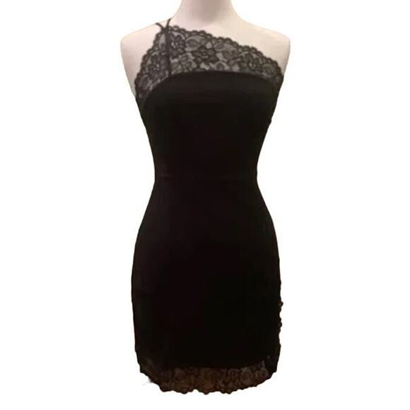 Free People Premonitions Mini Slip Dress XS Black Lace Trim One Shoulder Bodycon - Picture 3 of 16